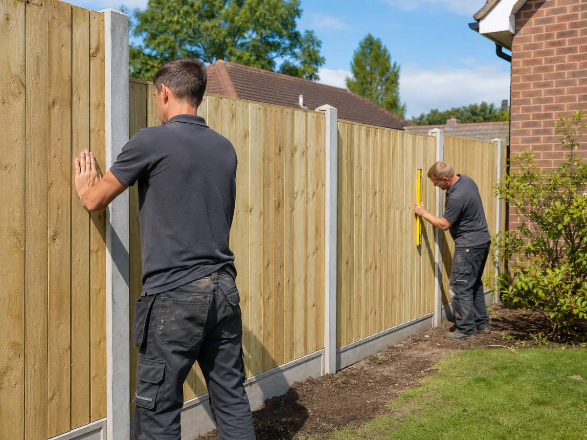 Fencing contractors at work on a Chesterfield property
